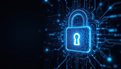 Digital padlock with shield and circuit board design on a dark background for data security concept