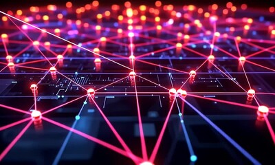 Fototapete - Global network nodes connecting digitally, glowing, circuit board background