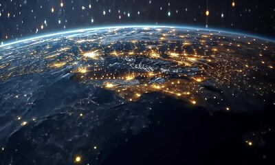 Aufkleber - Night Earth, city lights, space, data streams, global