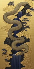 Wall Mural - Intricate coiled snake on a gold background with pine trees and a blue waterfall, creating a serene and textured zen scene, 2025 Chinese zodiac year of the Wood Snake theme, AI generated