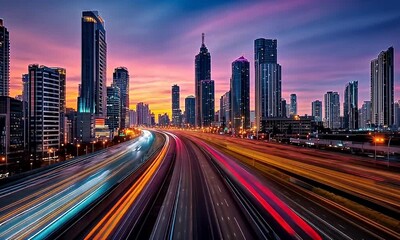 Aufkleber - City highway sunset, traffic streaks, skyscrapers, vibrant sky, urban landscape