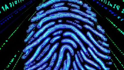 Poster - Abstract close-up of a glowing fingerprint pattern on a dark digital background, with dynamic light effects and binary code elements.
