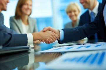 Poster - A professional and impactful business meeting characterized by a handshake and effective team collaboration, where ideas are exchanged and strategies discussed to foster success and growth