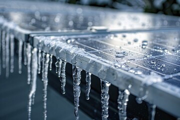 Poster - Close up of frozen photovoltaic solar panel covered in ice. KI generiert, generiert, AI generated