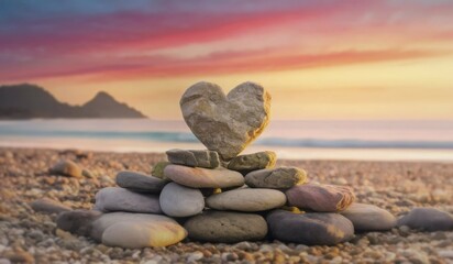 Wall Mural - Cairn with a heart shaped stone on the top piled up on a tropical beach at sunrise. Peaceful morning scene seaside. AI generated