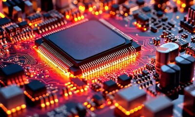 Leinwandbilder - Glowing CPU on Circuit Board, Tech Background