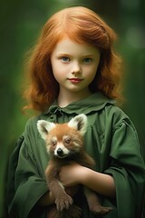 Wall Mural - Pretty eight years old girl with long red hair and a green dress holding a panda pet in her arms, AI Generated