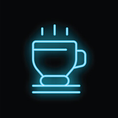 Wall Mural - Blue neon sign of a steaming cup of coffee or tea on a coaster is glowing on a black background