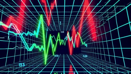 Poster - Abstract stock market charts visualized in a virtual reality environment, with red and green lines moving dynamically across a 3D grid, illuminated by futuristic light effects.
