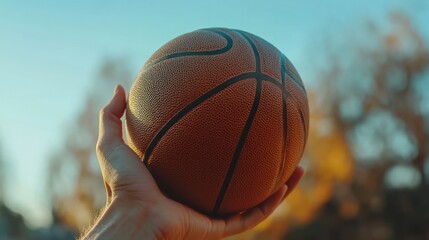 Wall Mural - Hand holding basketball outdoors at sunset.