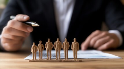 Leinwandbilder - A person holds a pen, analyzing a document with six miniature figures representing team members or employees on a wooden base.