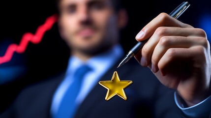 Leinwandbilder - A businessman holds a golden star while writing, symbolizing success and achievement amid a rising graph in the background.