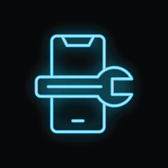Wall Mural - neon blue icon of a wrench repairing a smartphone, concept of mobile repair service