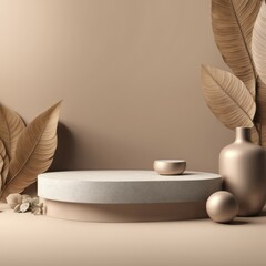 Wall Mural - Beige pedestal with a vase, decorative bowl, and dried leaves in a minimalistic and modern setup, AI generated