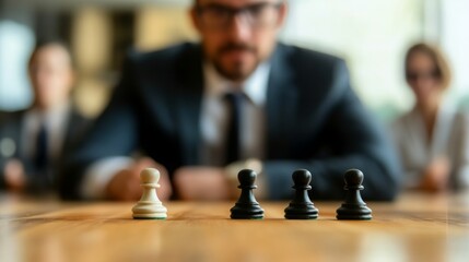 Poster - A focused businessman strategizes over a chessboard, symbolizing competition and decision-making in a corporate environment.