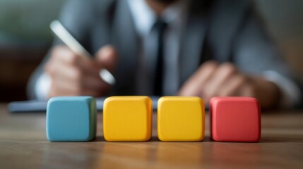 Poster - A focused businessman writes notes while colorful blocks are arranged in front, symbolizing organization and creativity in a professional setting.