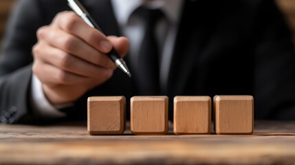 Leinwandbilder - A businessman in a suit is holding a pen, poised to write, with wooden blocks arranged in front of him on a wooden surface.
