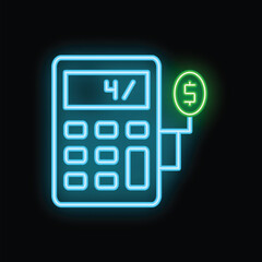 Canvas Print - Glowing neon icon of a calculator displaying a four percent interest rate with a dollar sign