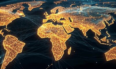 Fototapete - Global network connections, data flow, world map, night