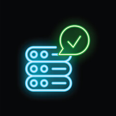 Wall Mural - glowing neon icon of a computer server with a confirmation symbol, representing secure and reliable 