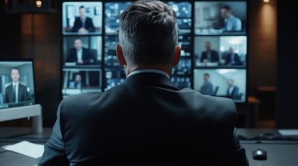Leinwandbilder - A man in a suit observes multiple video screens displaying virtual meetings, focused on communication and collaboration in a modern workspace.