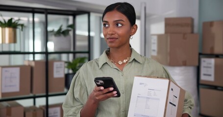 Poster - Cellphone, box and woman in office for distribution information with delivery, shipping or export. Reading, phone and female logistics coordinator with cardboard package for online order parcel.