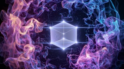 Aufkleber - A 3D abstract depiction of a cloud server surrounded by colorful nebula dust, with soft light rays and dynamic particles illustrating seamless digital data processing and storage.
