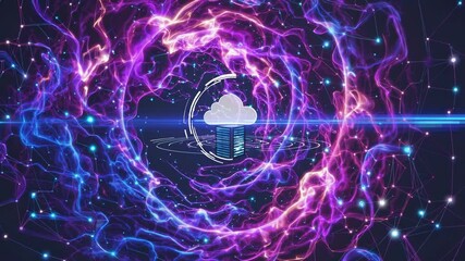 Aufkleber - Abstract visualization of a cloud data server with vibrant nebula dust flowing around it, dynamic light trails, and glowing nodes representing digital communication in a vast virtual space.
