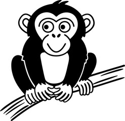 Cute monkey sitting on a branch, playful animal illustration, black and white vector art