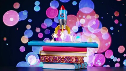 Fototapete - Beautiful abstract illustration with a toy rocket launching from a stack of colorful books, surrounded by swirling bokeh lights and soft smoke trails rising into the sky. The scene symbolizes inspirat