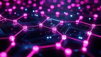 Abstract digital network connection glowing pink lines on dark tech background.