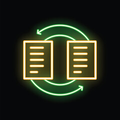 Wall Mural - neon green data synchronization icon on black background