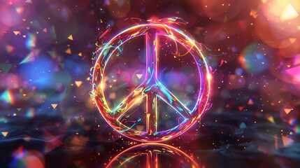 Wall Mural - A glowing, blue peace symbol with a starry and fire-like space background.