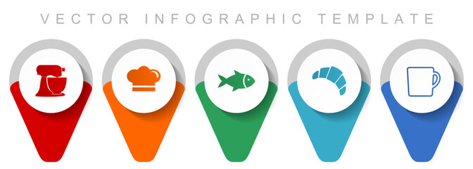 Poster - Cooking pointer collection, miscellaneous icons such as mixer, chef hat, fish, cake and cup, flat design vector infographic template in eps 10