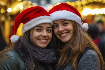 Wall Mural - Pair of young women with winter santa hats at christmas market. Generative AI, AI generated