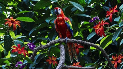 Poster - A parrot's feathers made of iridescent crystals shimmering in the sunlight, surrounded by blooming jungle flowers.
