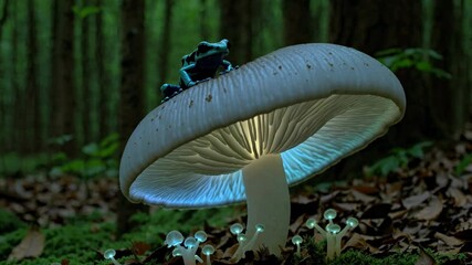 Poster - A vibrant poison dart frog sitting on a luminescent mushroom, with glowing spores floating around it in a magical atmosphere.
