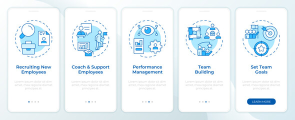 Wall Mural - line manager responsibilities blue onboarding mobile app screen. walkthrough 5 steps editable graphi