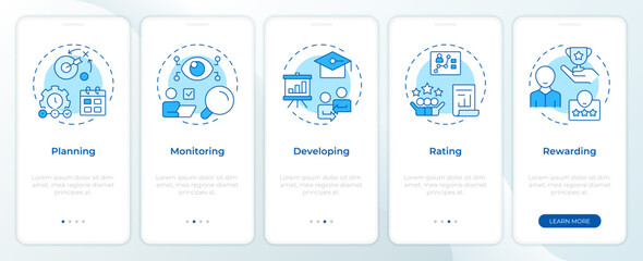 Wall Mural - performance management system blue onboarding mobile app screen. walkthrough 5 steps editable graphi