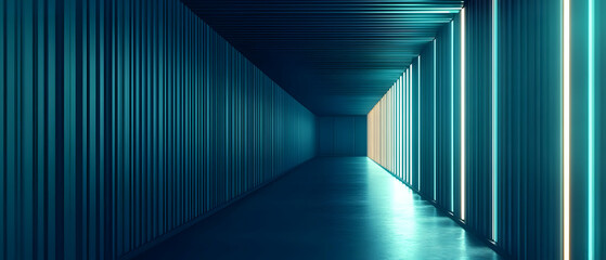 Futuristic teal corridor, neon lights, background, design