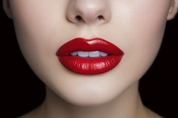 Poster - Close up of woman's mouth with bright red lipstick and white teeth in front of black background. KI generiert, generiert AI generated