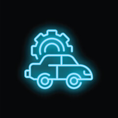 Canvas Print - Blue neon icon of a car with a gear wheel above it, representing car maintenance, repair, settings customization and tuning