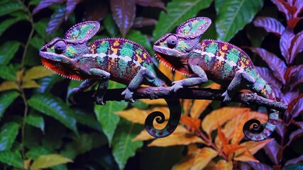 Poster - A pair of chameleons facing each other on a single branch, both changing colors to match the vibrant, shifting hues of their surroundings.
