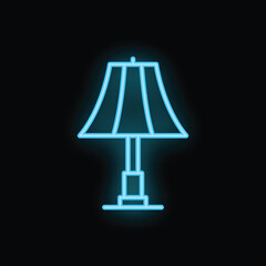 Wall Mural - Blue neon sign depicting a classic table lamp, glowing on a black background