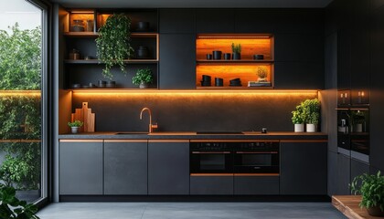 Wall Mural - Modern Minimalist Kitchen Design Featuring Warm Ambient Lighting and Greenery