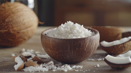 Coconut flakes in handcrafted wooden bowl on rustic table, surrounded by coconut shells. natural texture and earthy tones create warm, inviting atmosphere