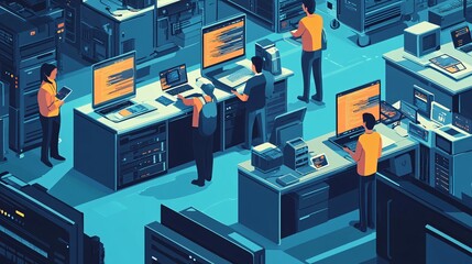 developers working on mobile app projects, coding for iOS and Android platforms, with multiple devices and screens in a dynamic workspace.