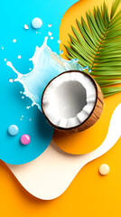 Wall Mural - A vibrant composition featuring a halved coconut, splashing coconut water, colorful spheres, and a tropical palm leaf against a bright background.