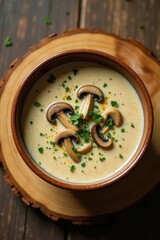 Wall Mural - Creamy Mushroom Soup with Fresh Herbs in Rustic Bowl