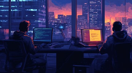 a team of developers coding for iOS and Android mobile app development, working on laptops in a modern office setting.